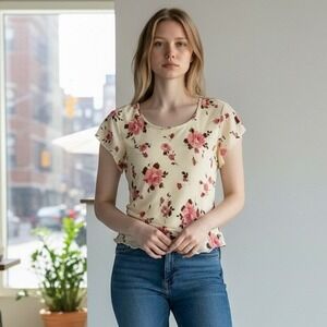 Y2K Fairy Whimsy Kate Hill 100% Silk Floral Rose Cap Sleeve Blouse Cream Pink 8P